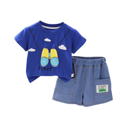 Boys Navy Blue & Yellow Printed T-shirt with Shorts