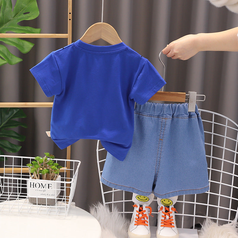 Boys Navy Blue & Yellow Printed T-shirt with Shorts