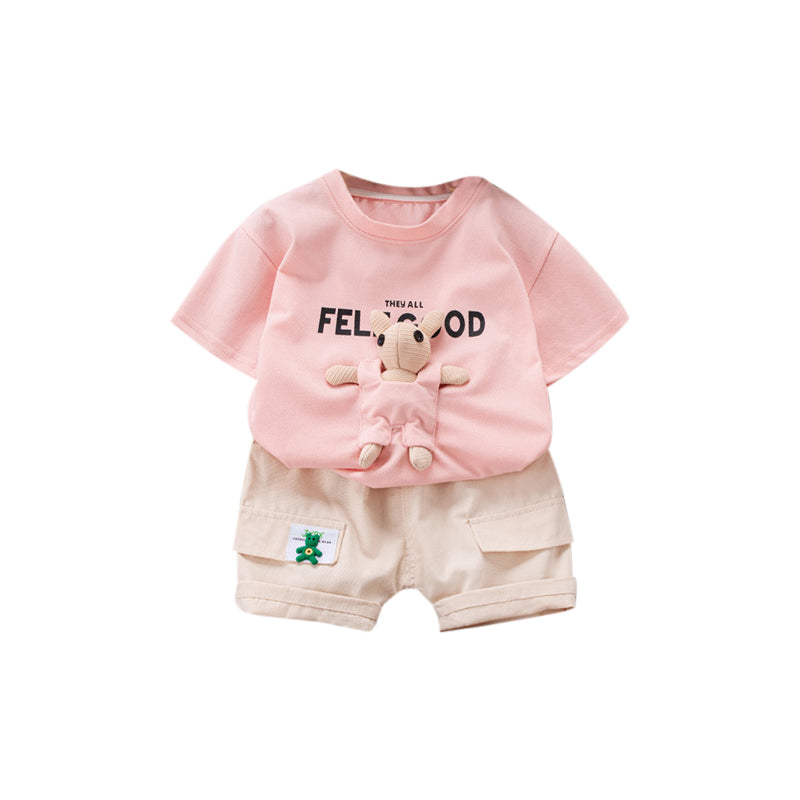 Boys Pink & Cream Coloured Printed Pure Cotton T-shirt with Shorts