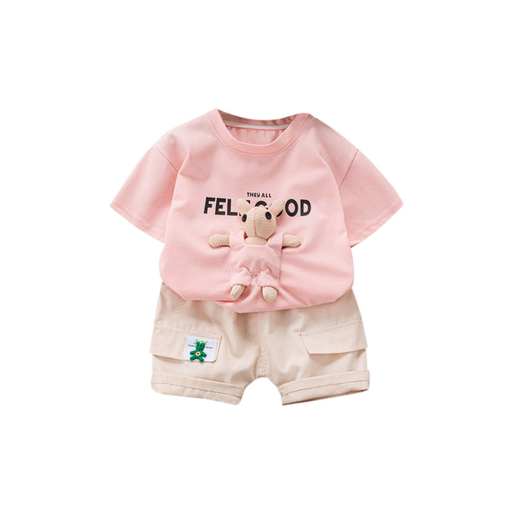 Boys Pink & Cream Coloured Printed Pure Cotton T-shirt with Shorts