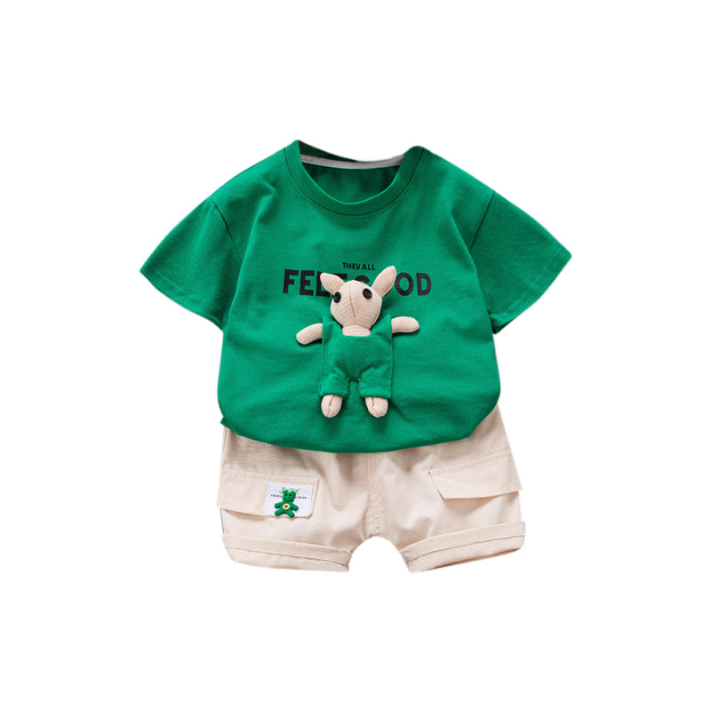 Boys Green & Cream Coloured Printed Pure Cotton T-shirt with Shorts