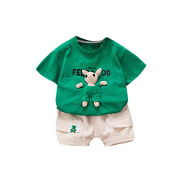 Boys Green & Cream Coloured Printed Pure Cotton T-shirt with Shorts