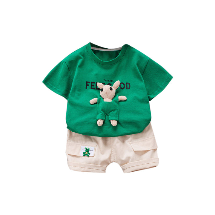 Boys Green & Cream Coloured Printed Pure Cotton T-shirt with Shorts