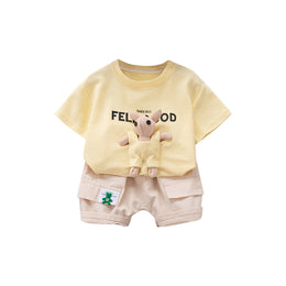 Boys Yellow & Cream Coloured Printed Pure Cotton T-shirt with Shorts