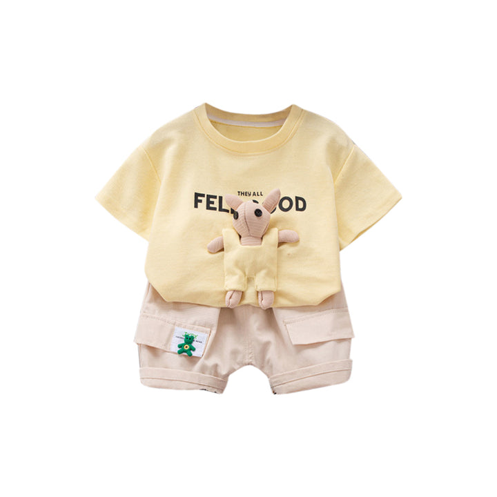 Boys Yellow & Cream Coloured Printed Pure Cotton T-shirt with Shorts