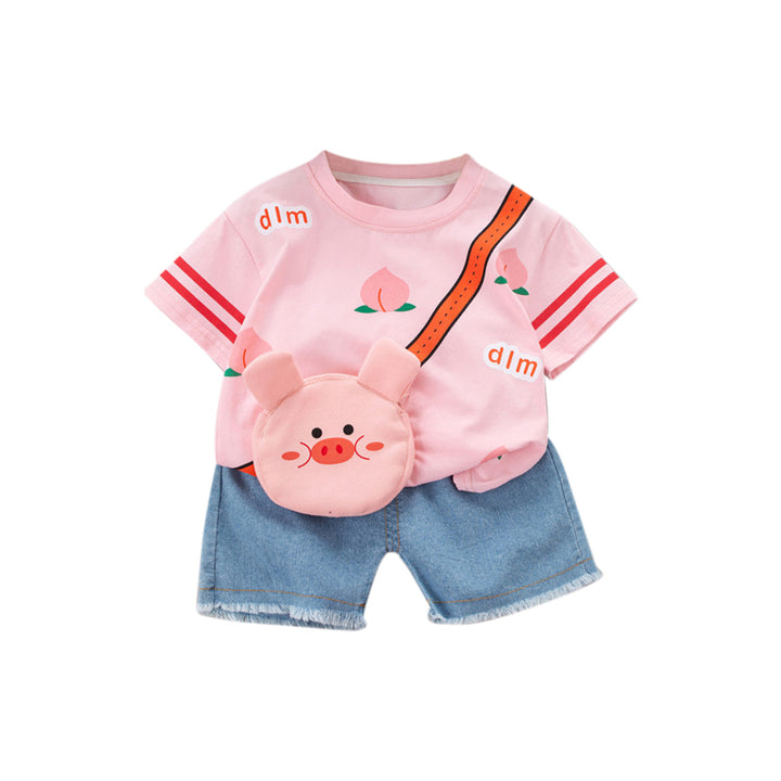 Girls Pink & Blue Printed Pure Cotton T-shirt with Shorts