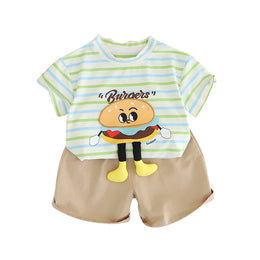 Boys Green & Beige Striped T-shirt with Shorts
