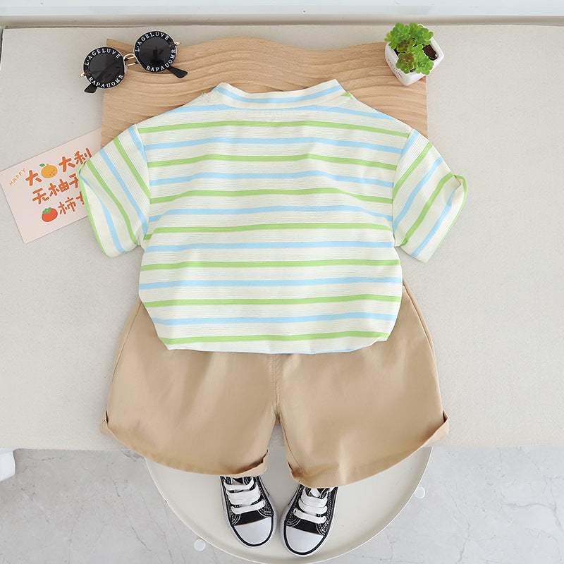 Boys Green & Beige Striped T-shirt with Shorts