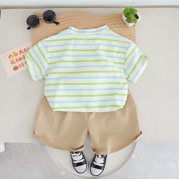 Boys Green & Beige Striped T-shirt with Shorts