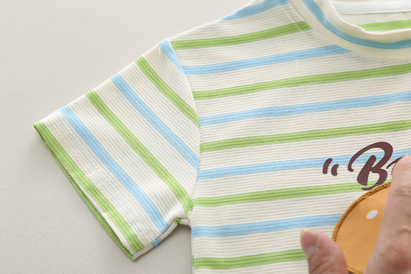 Boys Green & Beige Striped T-shirt with Shorts
