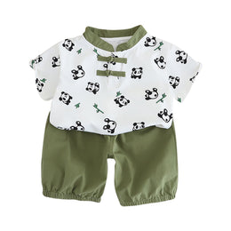 Boys Green Graphic Printed Mandarin Collar T-shirt with Shorts