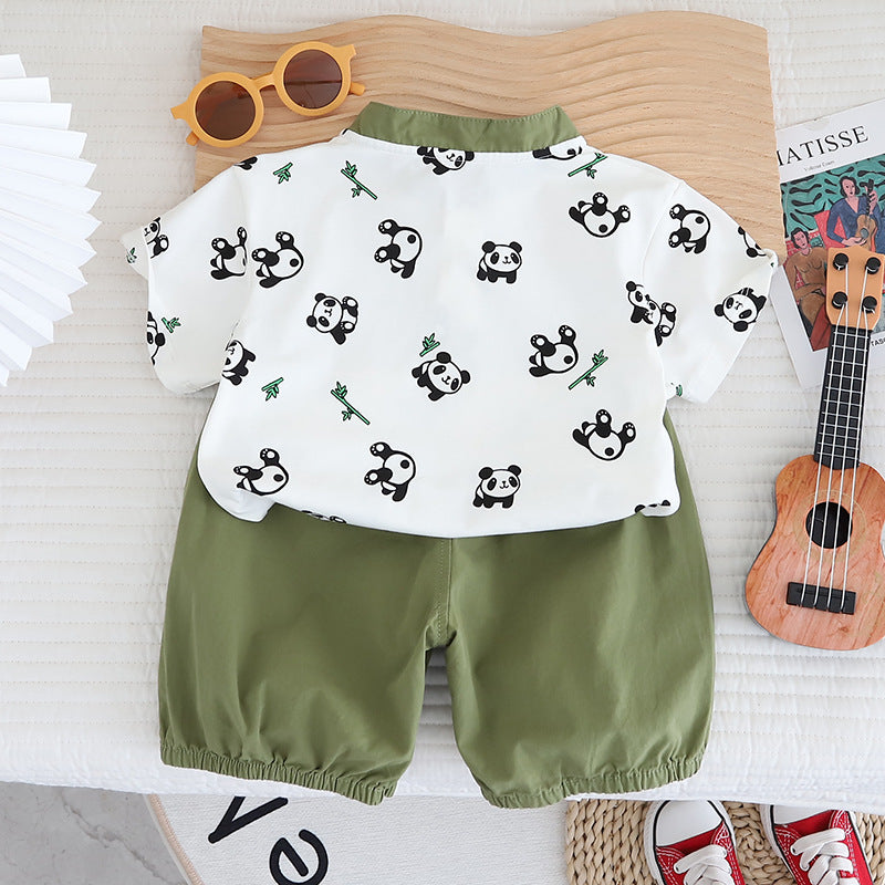 Boys Green Graphic Printed Mandarin Collar T-shirt with Shorts