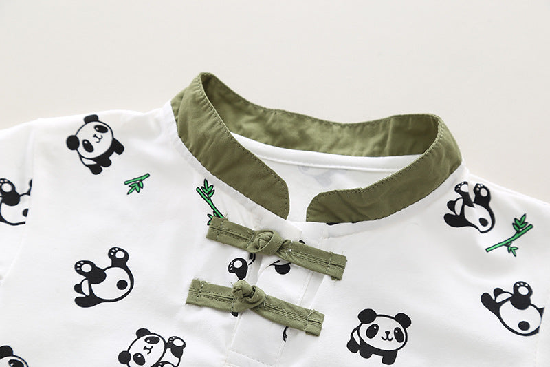 Boys Green Graphic Printed Mandarin Collar T-shirt with Shorts