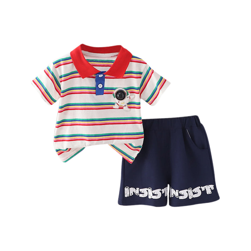 Boys Striped Shirt Collar T-shirt with Shorts