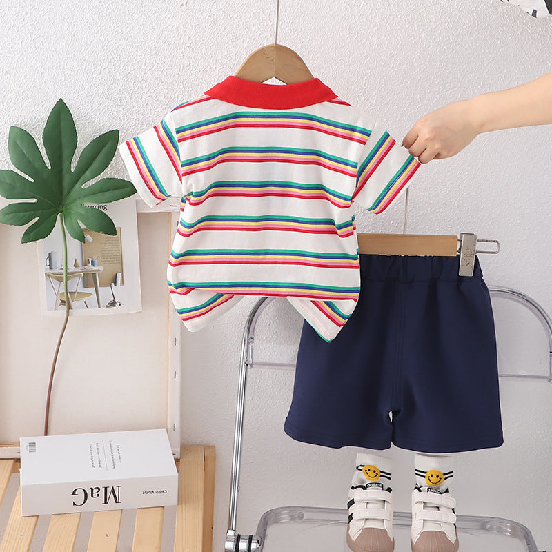 Boys Striped Shirt Collar T-shirt with Shorts