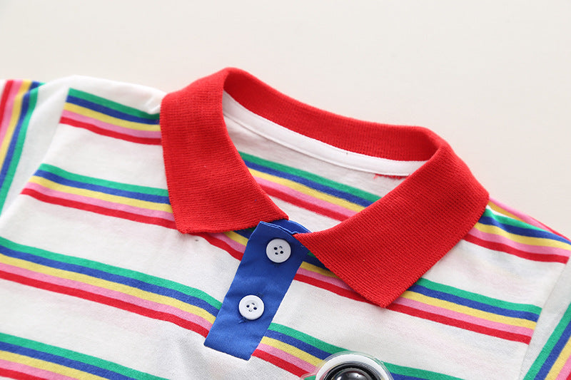 Boys Striped Shirt Collar T-shirt with Shorts
