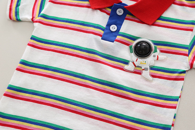 Boys Striped Shirt Collar T-shirt with Shorts