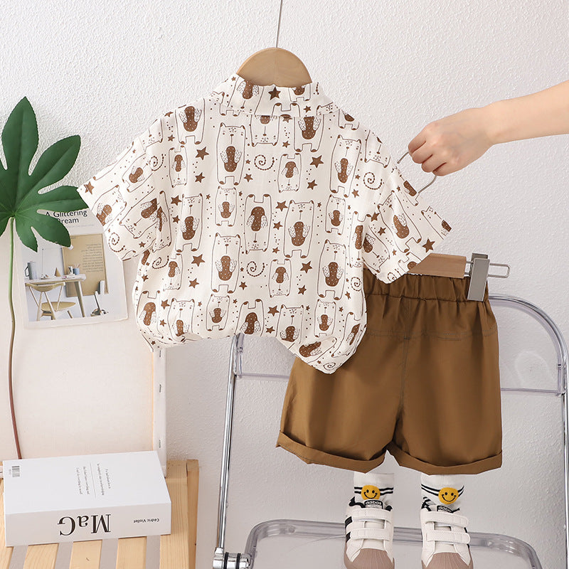 Boys Printed Shirt Collar Shirt with Shorts