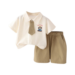 Boys Beige Printed Spread Collar T-shirt With Shorts