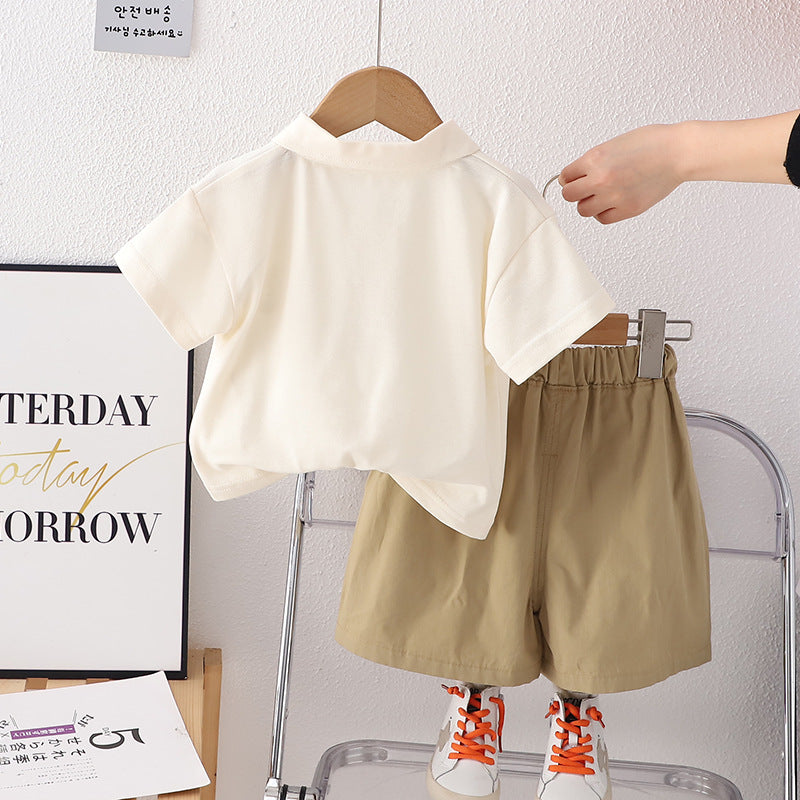 Boys Beige Printed Spread Collar T-shirt With Shorts