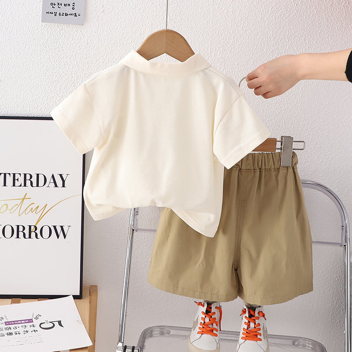 Boys Beige Printed Spread Collar T-shirt With Shorts