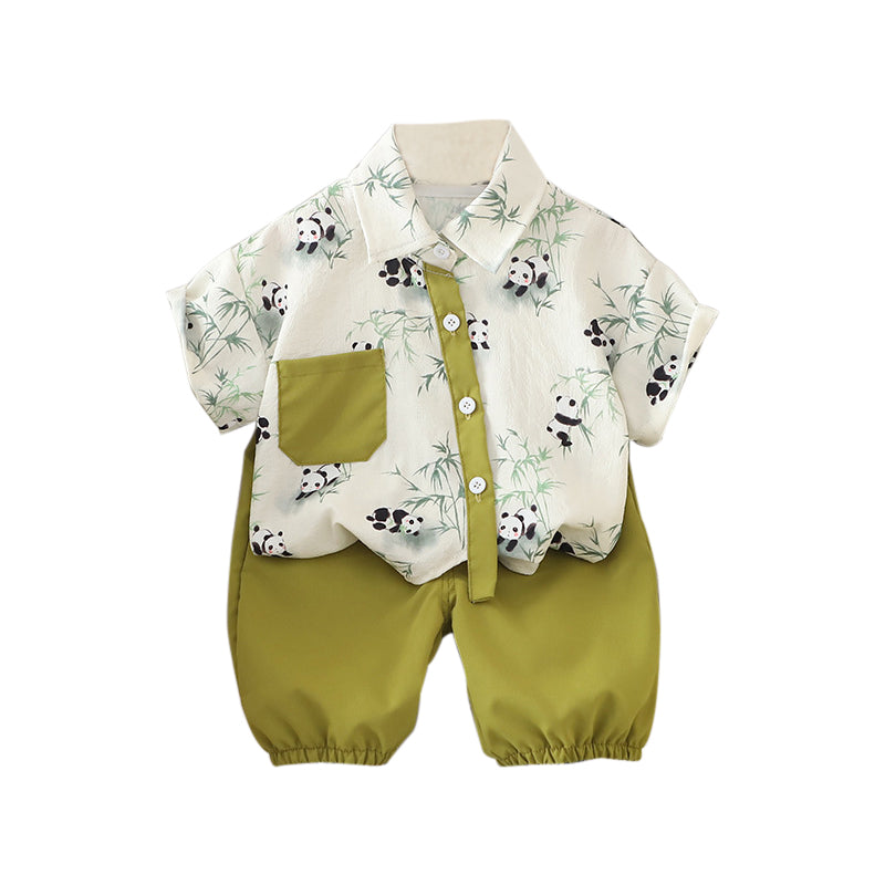 Boys Green & White Printed Shirt with Shorts