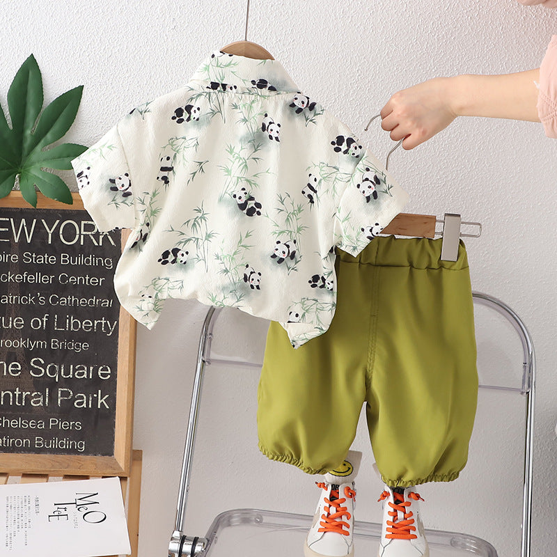 Boys Green & White Printed Shirt with Shorts