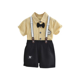 Boys Striped Pure Cotton Shirt with Shorts With Suspenders
