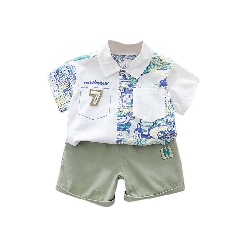 Boys White & Green Printed T-shirt with Shorts