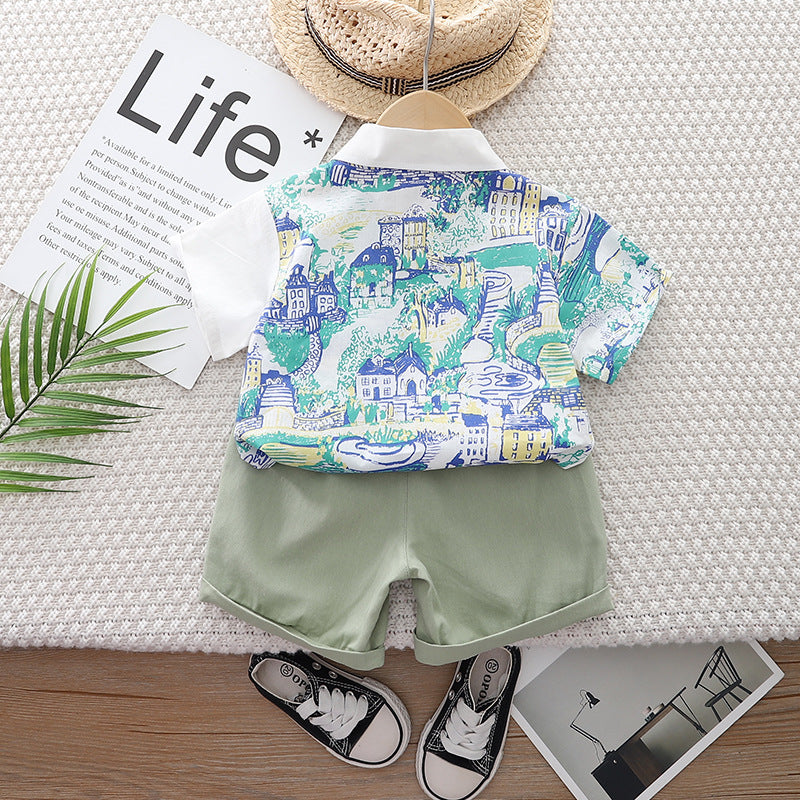 Boys White & Green Printed T-shirt with Shorts