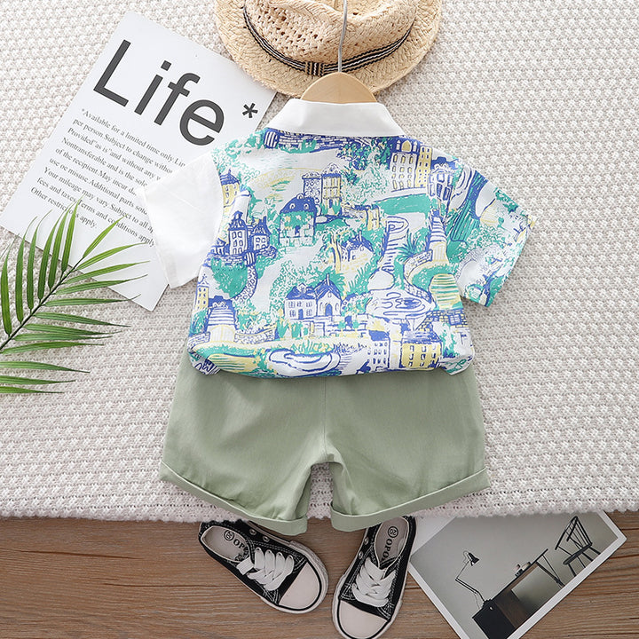 Boys White & Green Printed T-shirt with Shorts