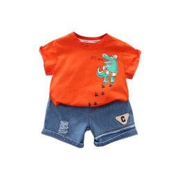 Boys Orange & Blue Printed Pure Cotton T-shirt with Shorts
