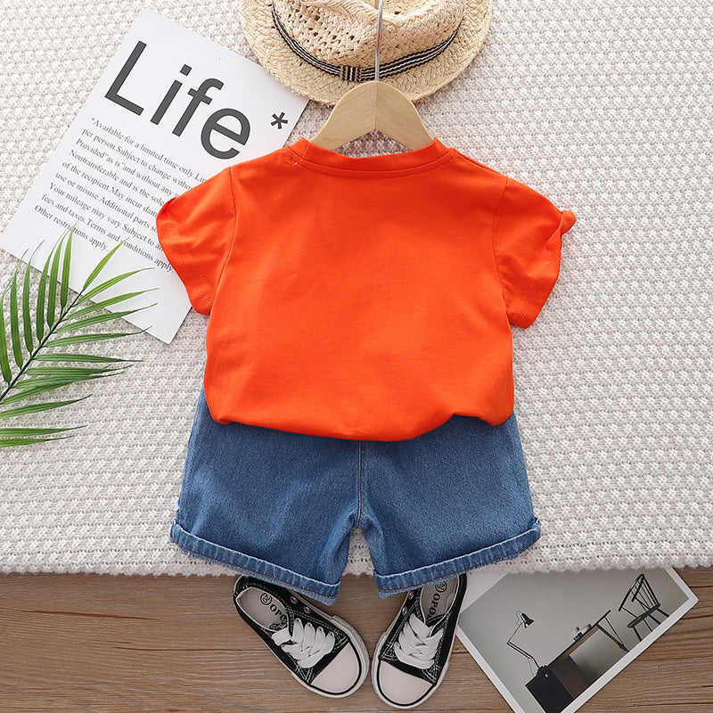 Boys Orange & Blue Printed Pure Cotton T-shirt with Shorts