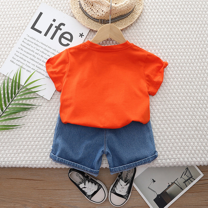 Boys Orange & Blue Printed Pure Cotton T-shirt with Shorts
