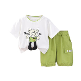 Boys Green & White Graphic Printed Round Neck T-shirt with Shorts