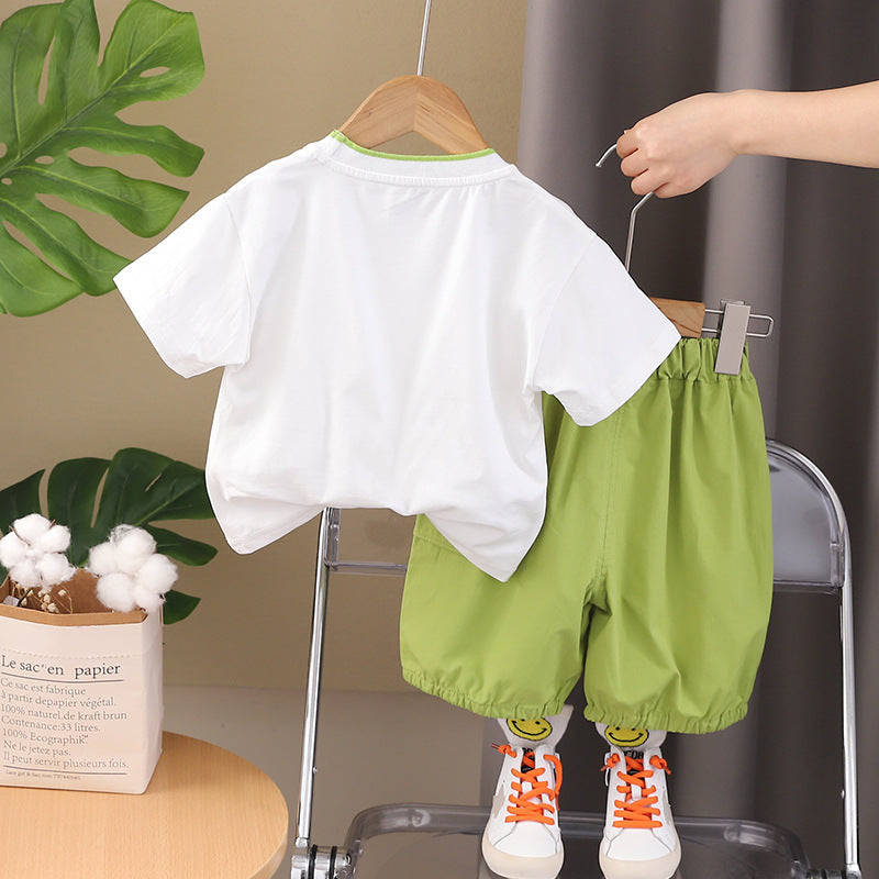 Boys Green & White Graphic Printed Round Neck T-shirt with Shorts