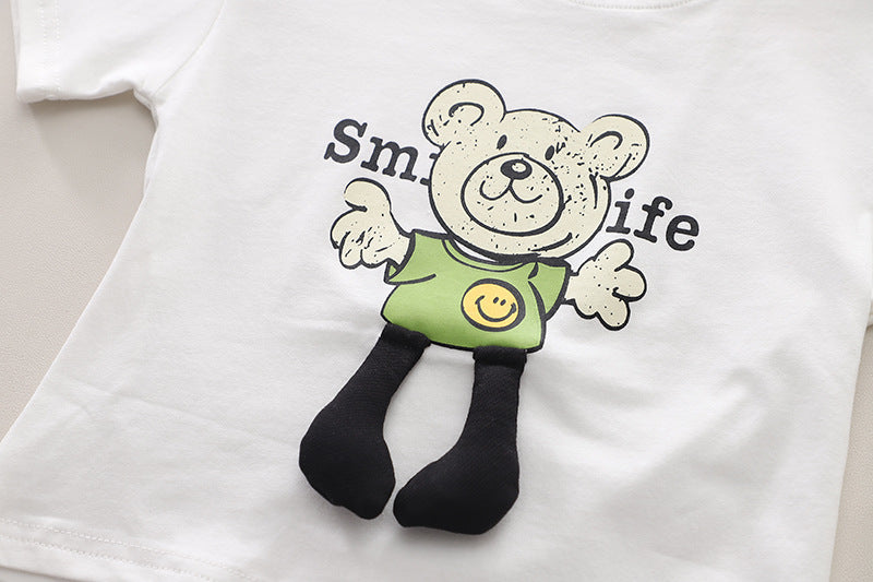 Boys Green & White Graphic Printed Round Neck T-shirt with Shorts