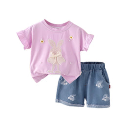 Girls Embroidered Round Neck T-shirt With Shorts