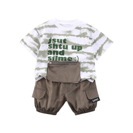 Boys White & Grey Printed T-shirt with Shorts