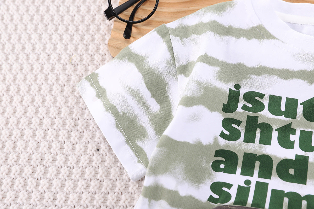 Boys White & Grey Printed T-shirt with Shorts
