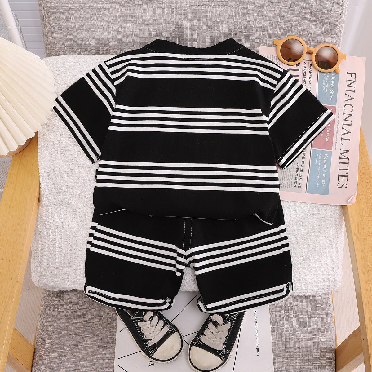 Boys Black & White Striped T-shirt With Shorts