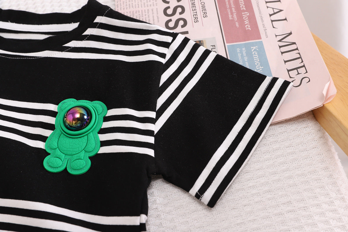 Boys Black & White Striped T-shirt With Shorts