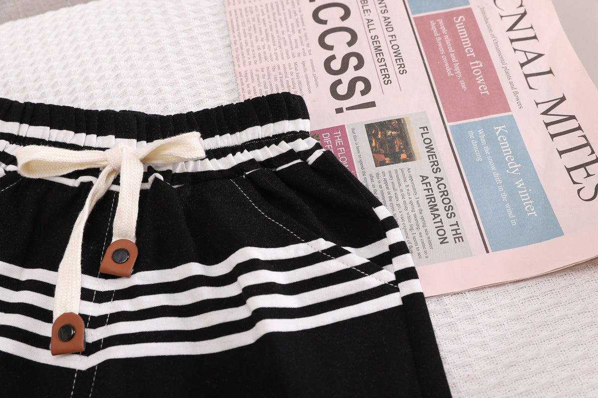 Boys Black & White Striped T-shirt With Shorts