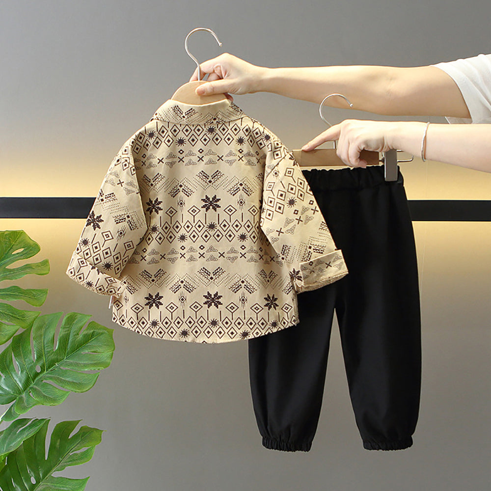 Boys Printed Shirt Collar Long Sleeves Shirt With Jogger