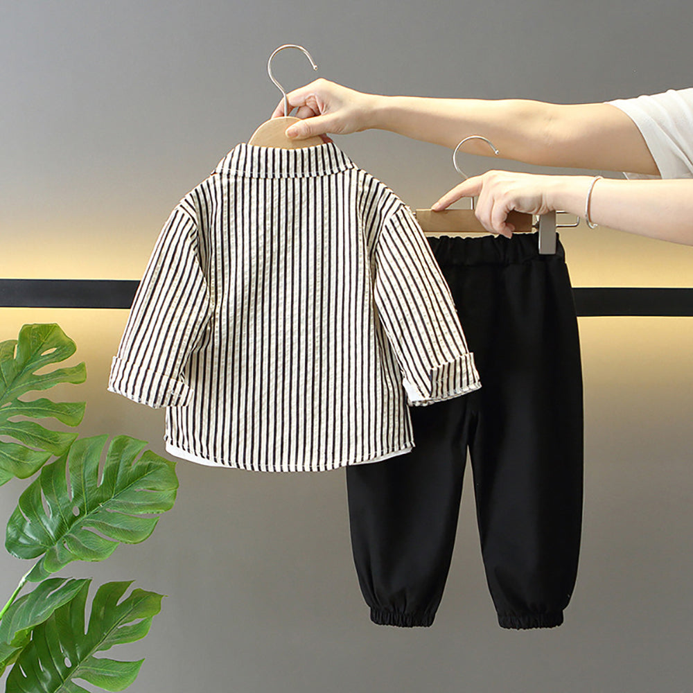 Boys Striped Shirt Collar Long Sleeves Shirt With Jogger