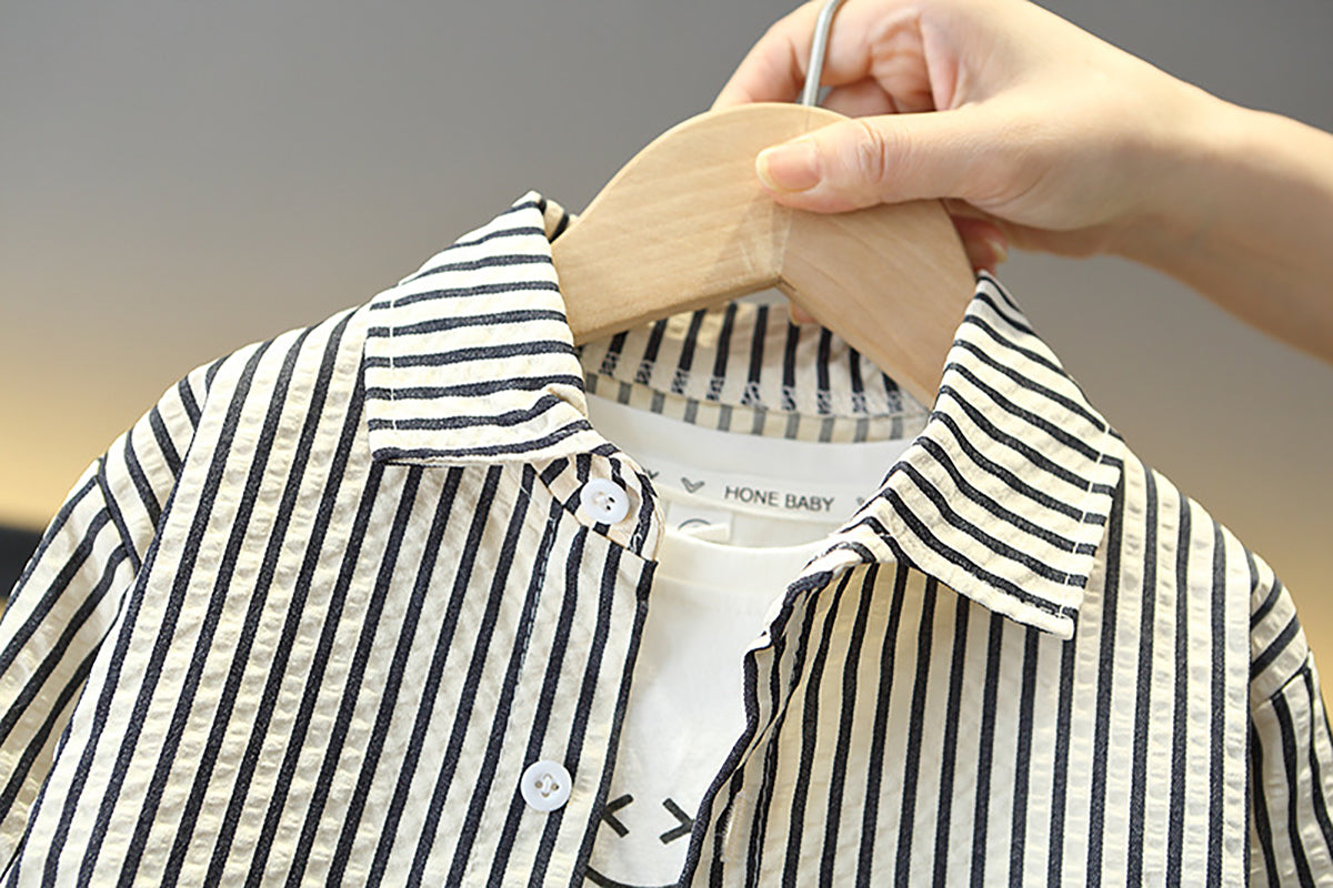 Boys Striped Shirt Collar Long Sleeves Shirt With Jogger
