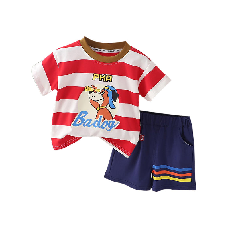 Boys Red & Navy Blue Printed Round Neck T-shirt with Shorts