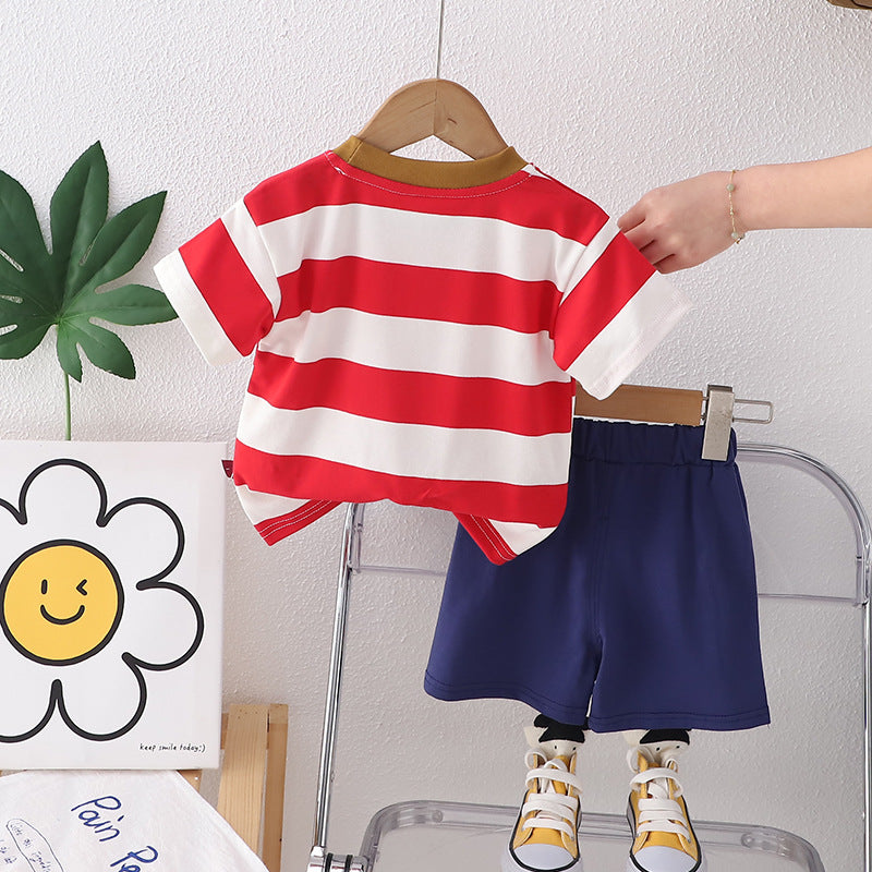 Boys Red & Navy Blue Printed Round Neck T-shirt with Shorts