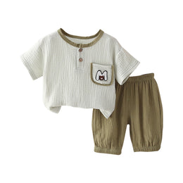 Boys White & Olive Green Round Neck T-shirt with Shorts