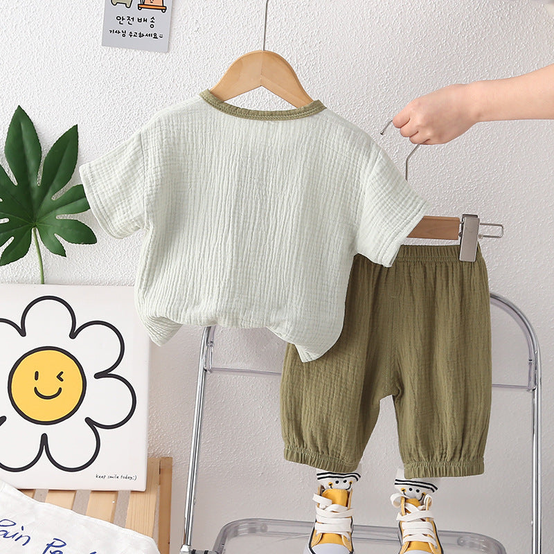 Boys White & Olive Green Round Neck T-shirt with Shorts